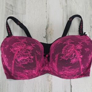 Cacique Bright Pink Black Boost Balconette Underwire Lace Bra Size 42 DDD